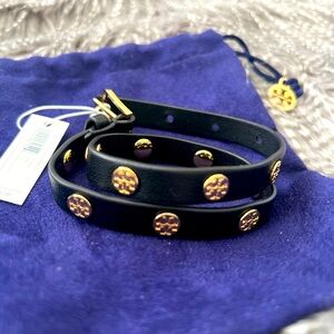 NWT Tory Burch Double Wrap Leather Bracelet with Gold Metal Logo Accents